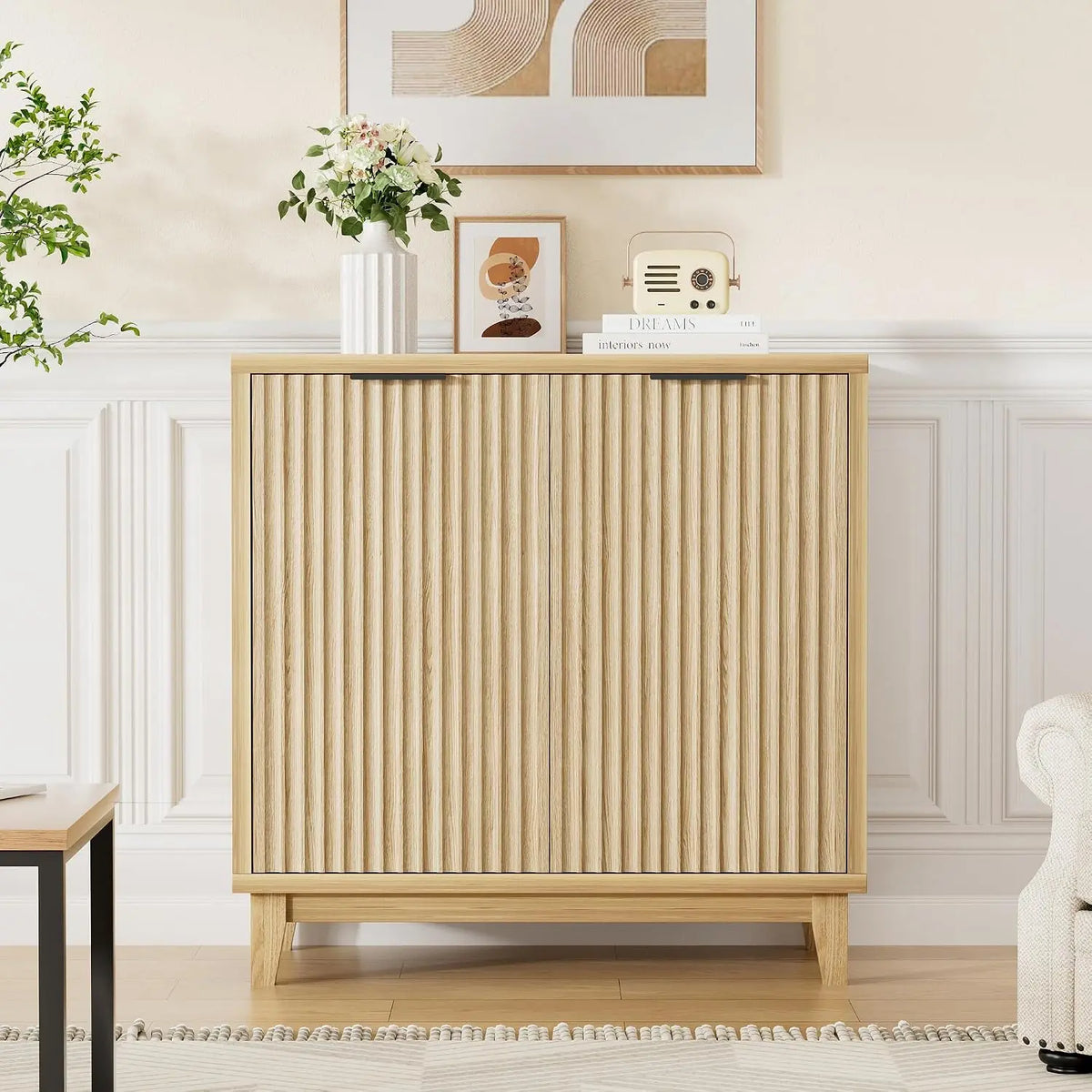 Fluted Cabinet with Storage - Mid Century Modern 2 Doors Sideboard Buffet