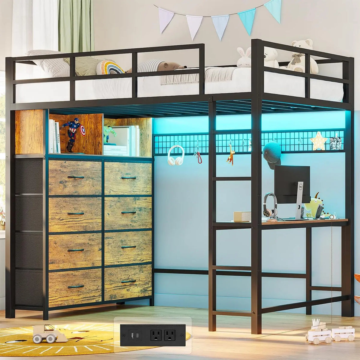 ADORNEVE Twin Size Loft Bed with Desk and 8 Storage Drawers - Rustic Brown
