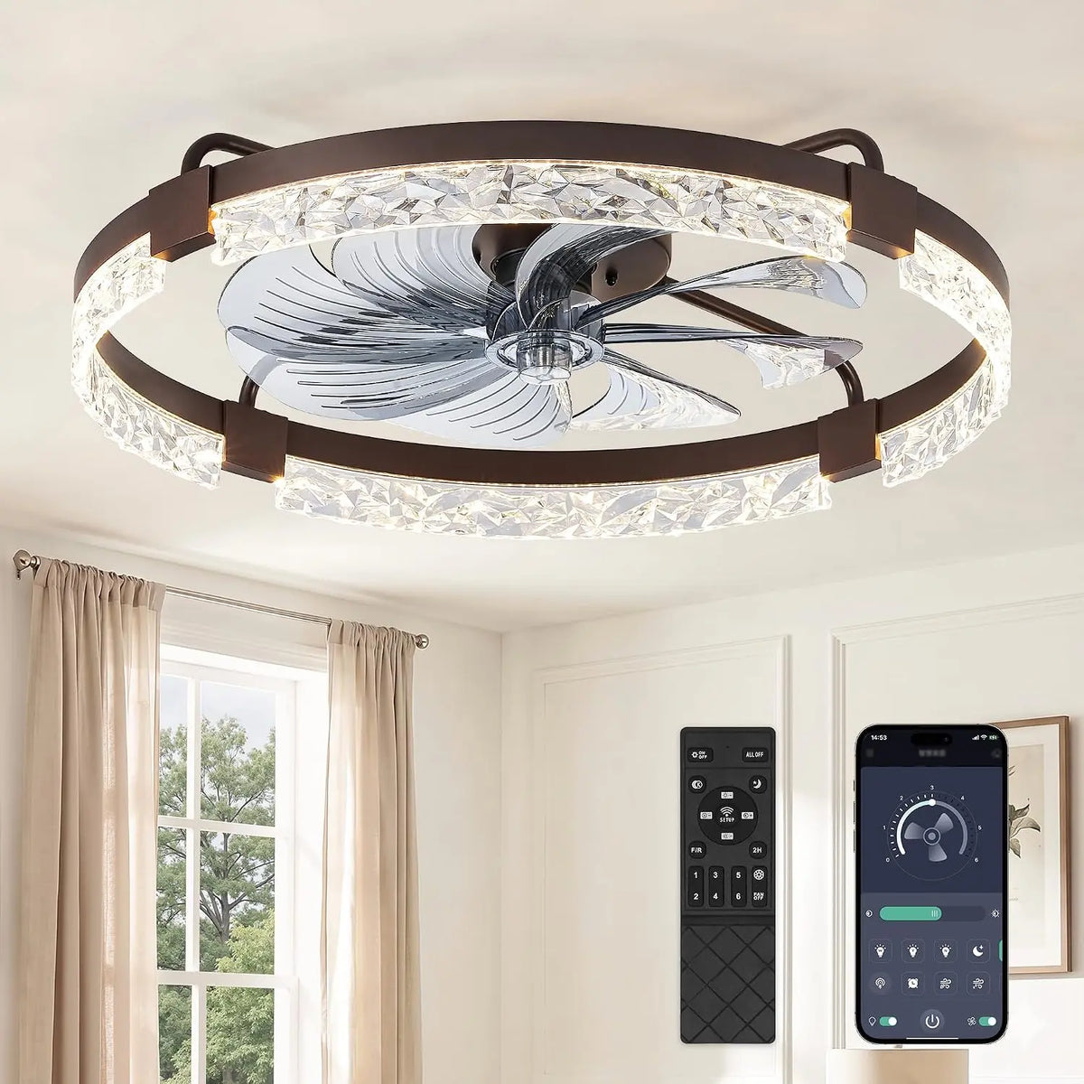 ZMISHIBO 24 Inch Ceiling Fans with Lights - Flush Mount Remote & App Control
