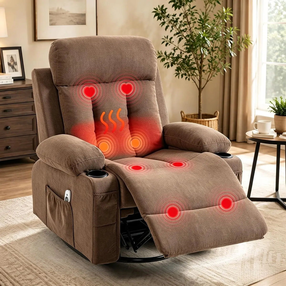 360 Swivel Rocking Chair - Rocker Recliner with Vibration Massage and Heat, Ergonomic Lounge Chair with Rocking Function, Side Pocket, Cup Holders