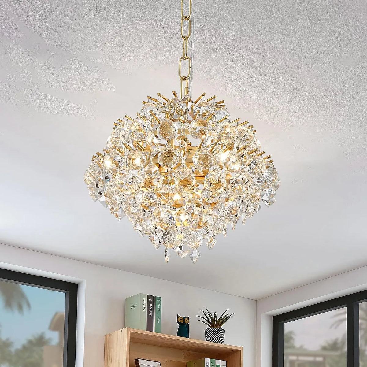 Bestier Gold Modern Pendant Chandelier Crystal Raindrop Lighting Ceiling Light Fixture Lamp for Dining Room Bathroom Bedroom Livingroom 4 G9 Bulbs