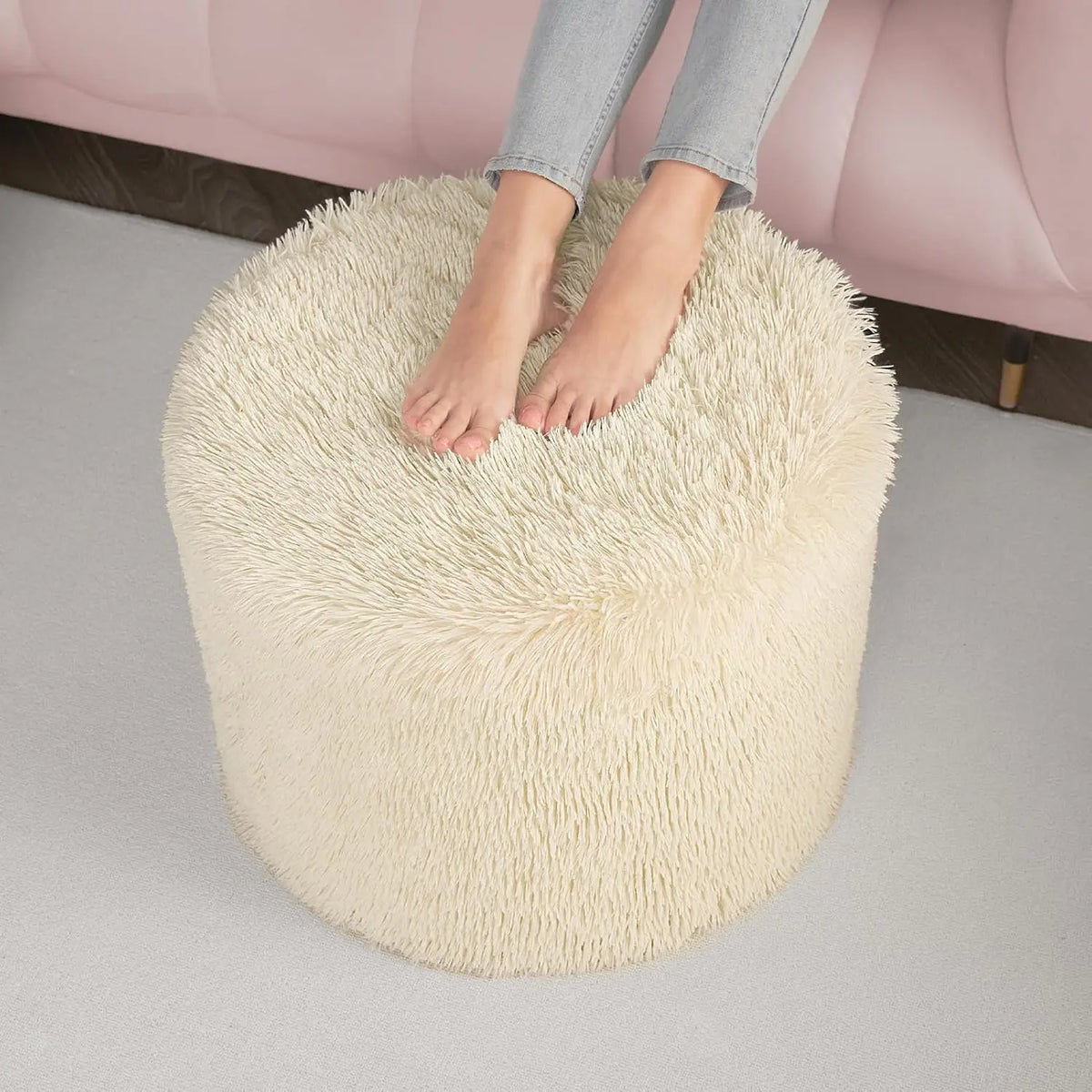 Hansleep Round Pouf Ottoman Foot Rest - Footstool, 17 x 14 Inch, Beige