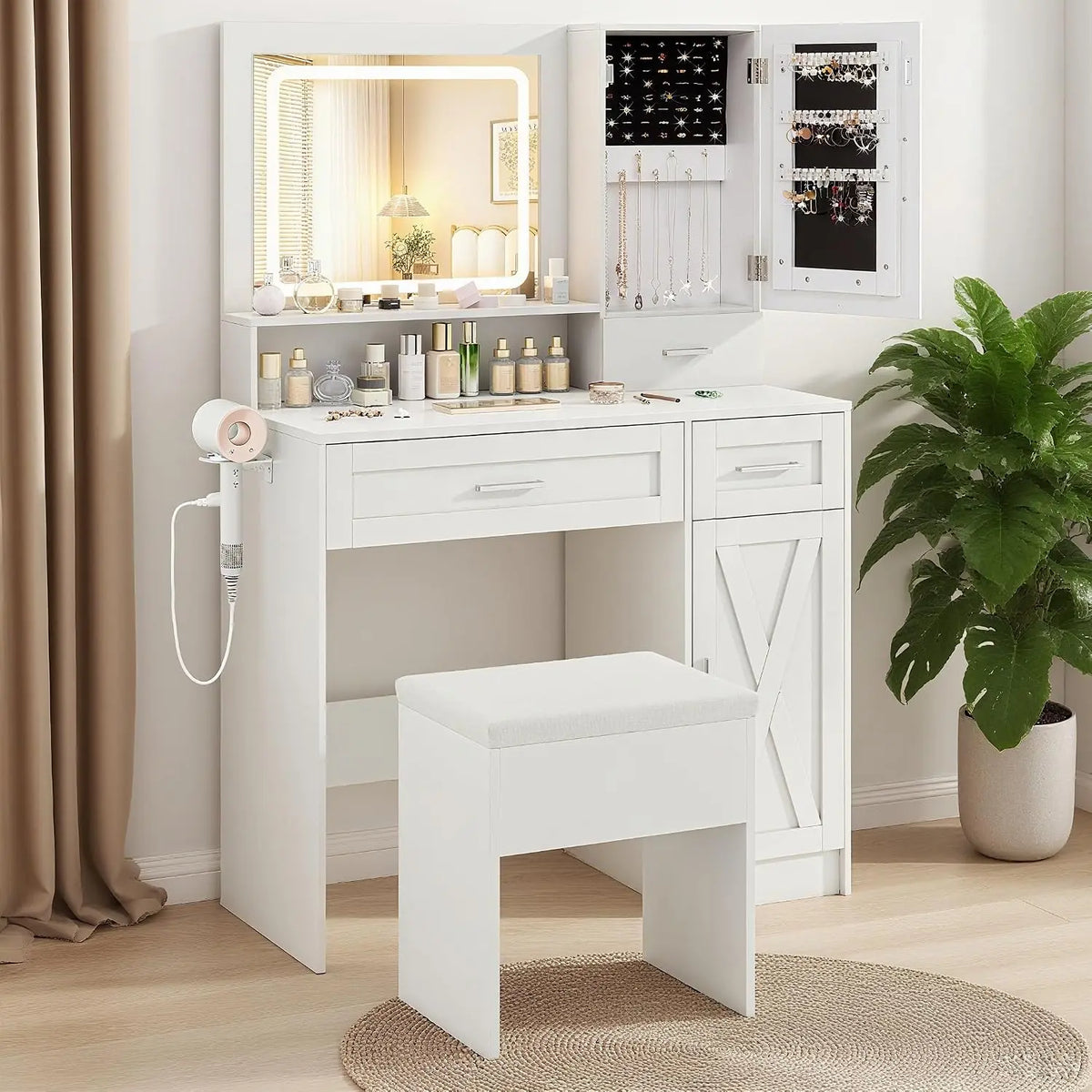 COSTWAY Vanity Desk with Mirror and Lights - 35.5'' Farmhouse Dressing Table with Jewelry Cabinet, Charging Station, Storage Drawers, Padded Stool