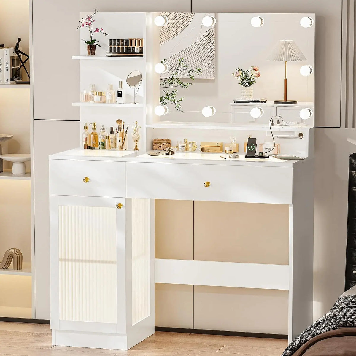 INNOD 40 Inch Vanity Desk with Large Mirror and Lights - Modern Glass Top Makeup Vanity Set with Power Outlet, Drawers and Cabinet, White
