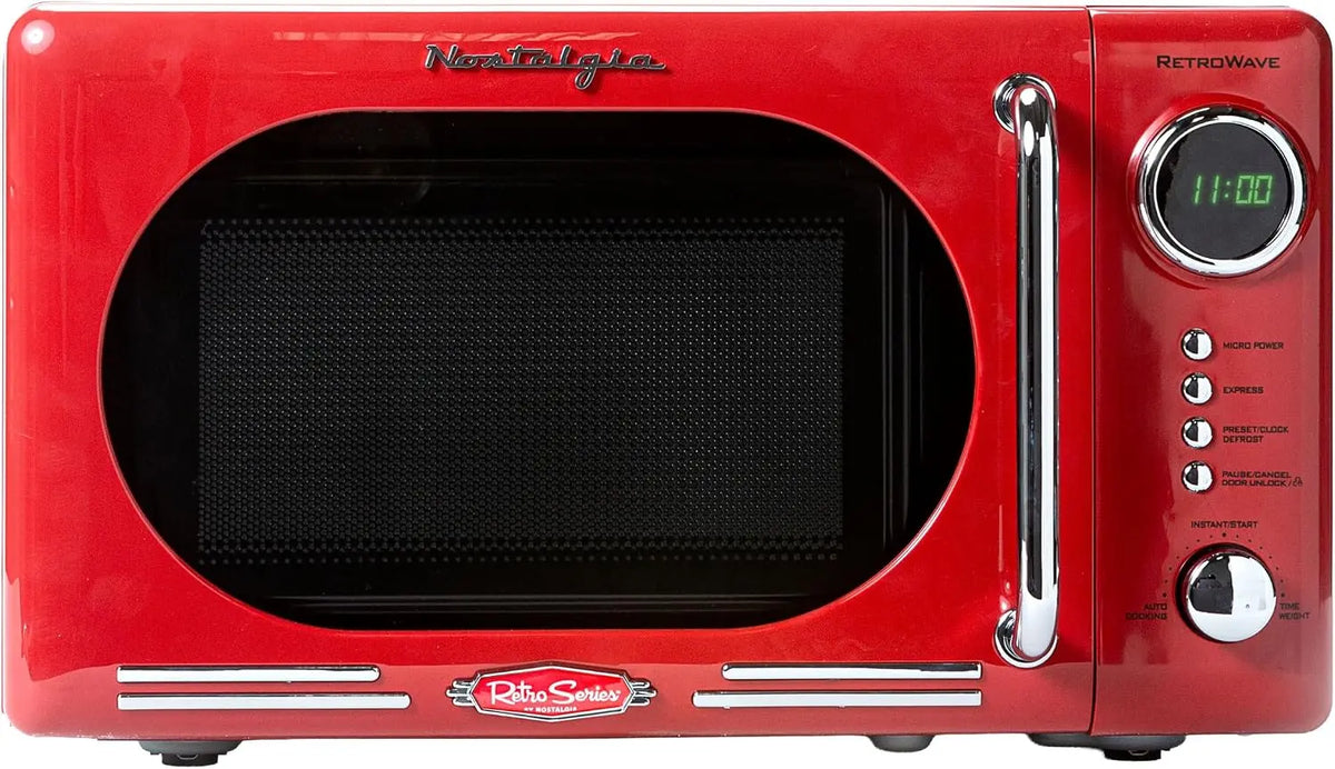 Nostalgia Retro Compact Countertop Microwave Oven - 0.7 Cu. Ft., 700-Watts with LED Digital Display, Child Lock, Easy Clean Interior, Red