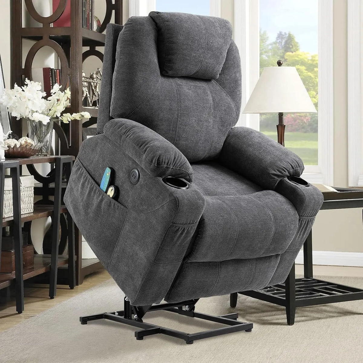 Power Lift Recliner Chair for Elderly - Electric Massage Heated Recliner Chair, Ergonomic Fabric Lift Chair with 2 Remote Controls, USB Ports, Gray