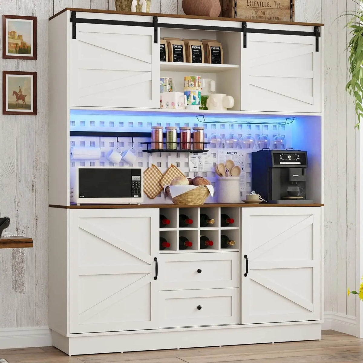 75Tall 63W Extra Large Farmhouse Kitchen Storage Pantry Hutch Cabinet w/Power Outlet - Pegboard, Coffee Bar Cabinets, LED Light, Microwave Shelf