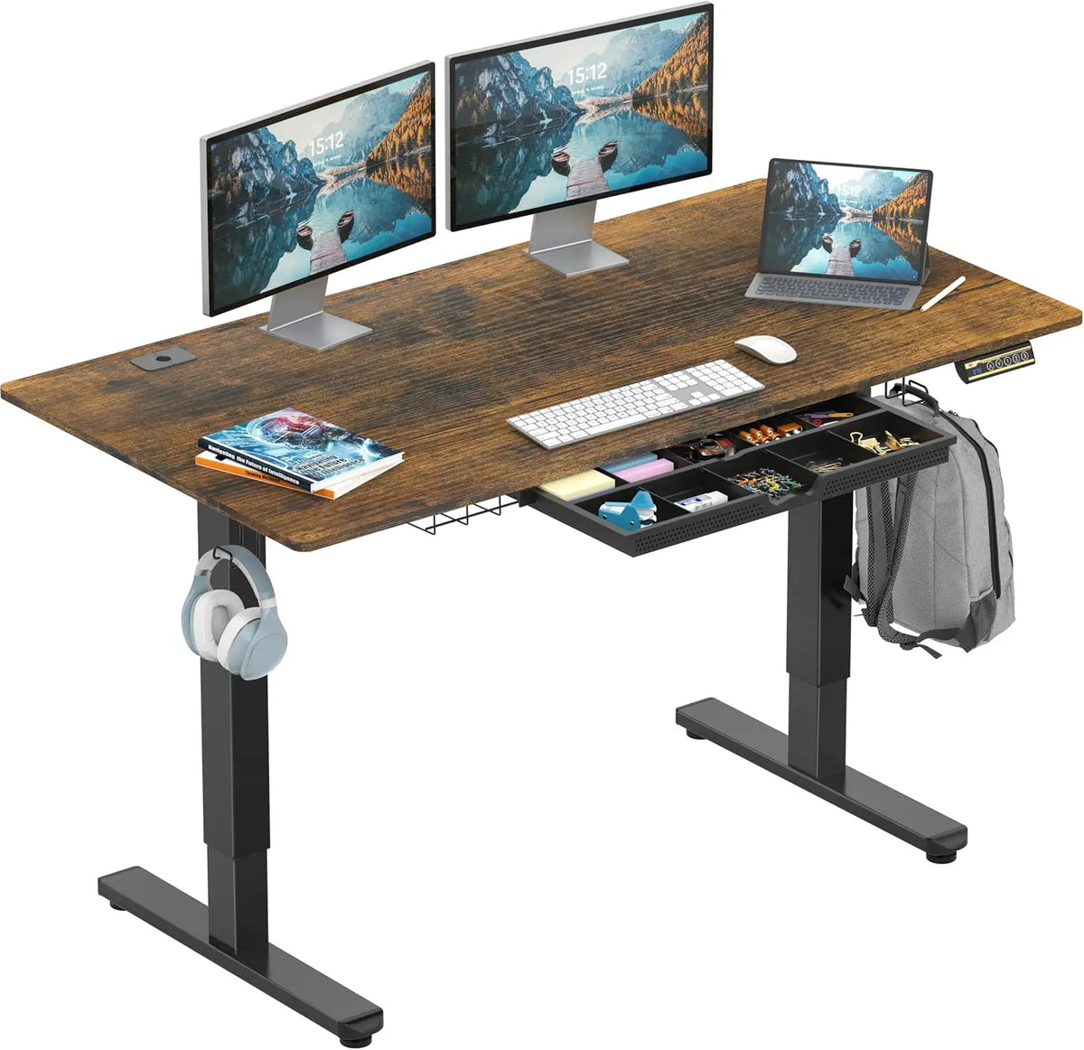 SHW 55 x 28 Electric Height Adjustable Standing Desk w/Drawer - Rustic Brown