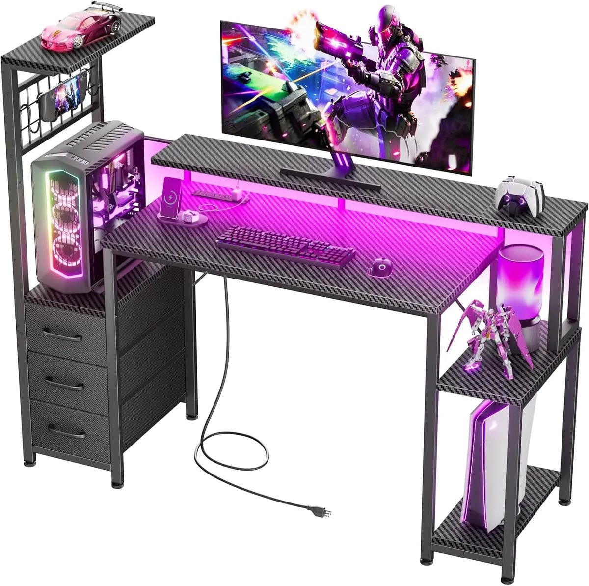 Korfile 48 Inch Gaming Desk with Power Outlet - LED, Carbon Fiber Black Finish
