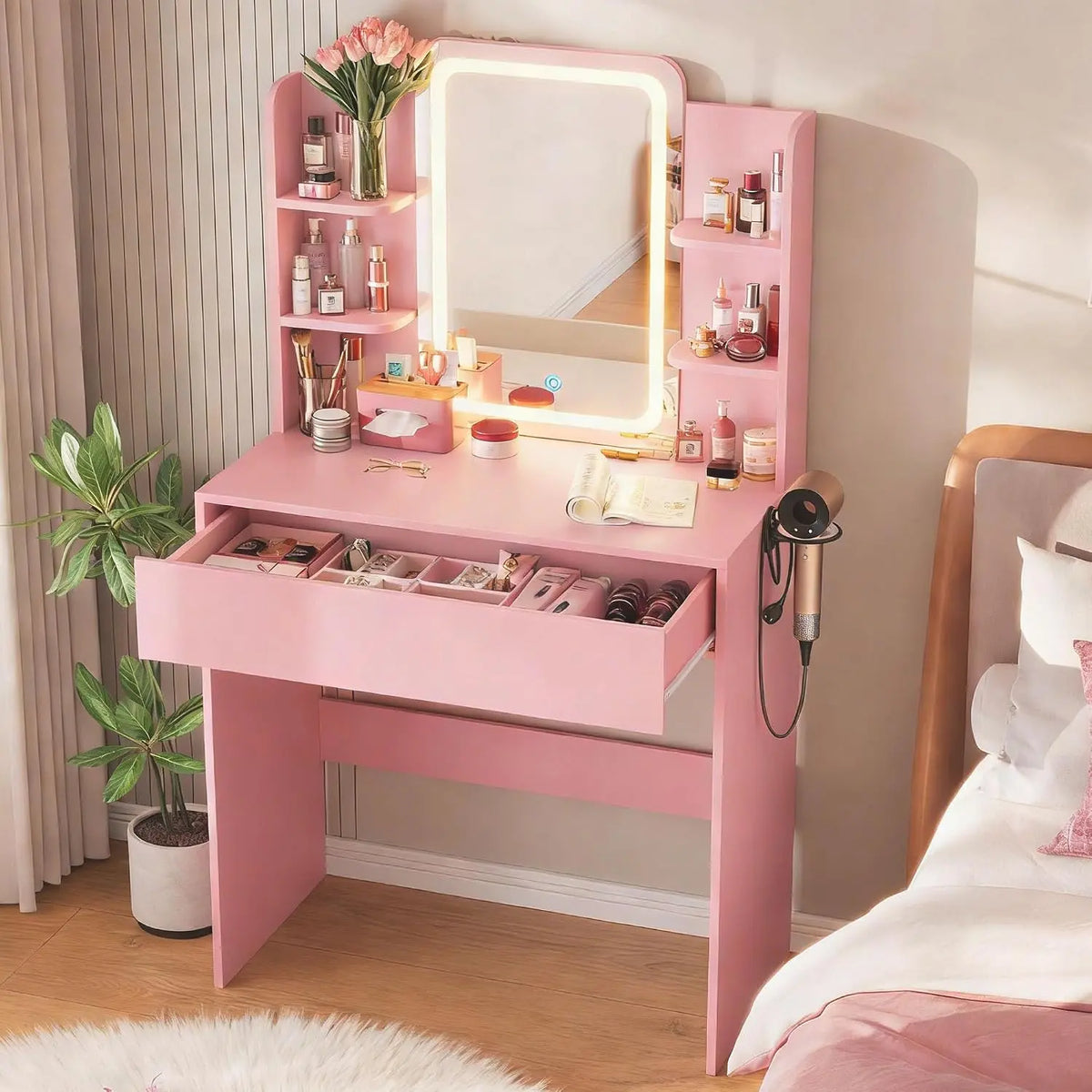 Small Vanity Desk with Mirror and lights - Pink Makeup Vanity for Girls Kid