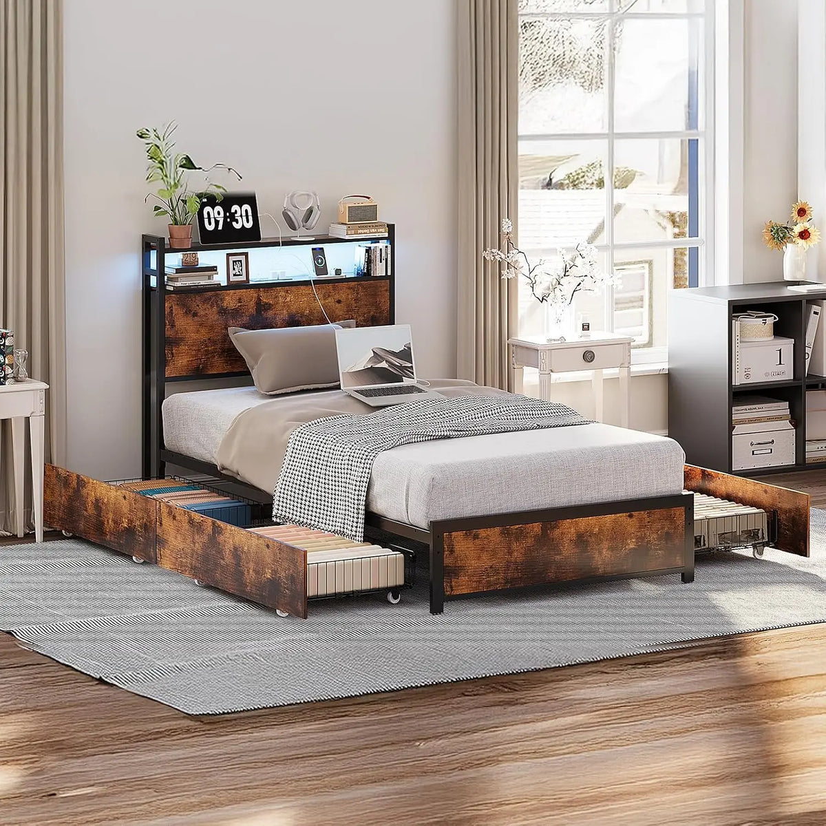 VINGLI Bed Frame Twin Size with 4 Storage Drawers and Storage Headboard - Metal Platform with Charging Station and LED Lights, No Box Spring Needed