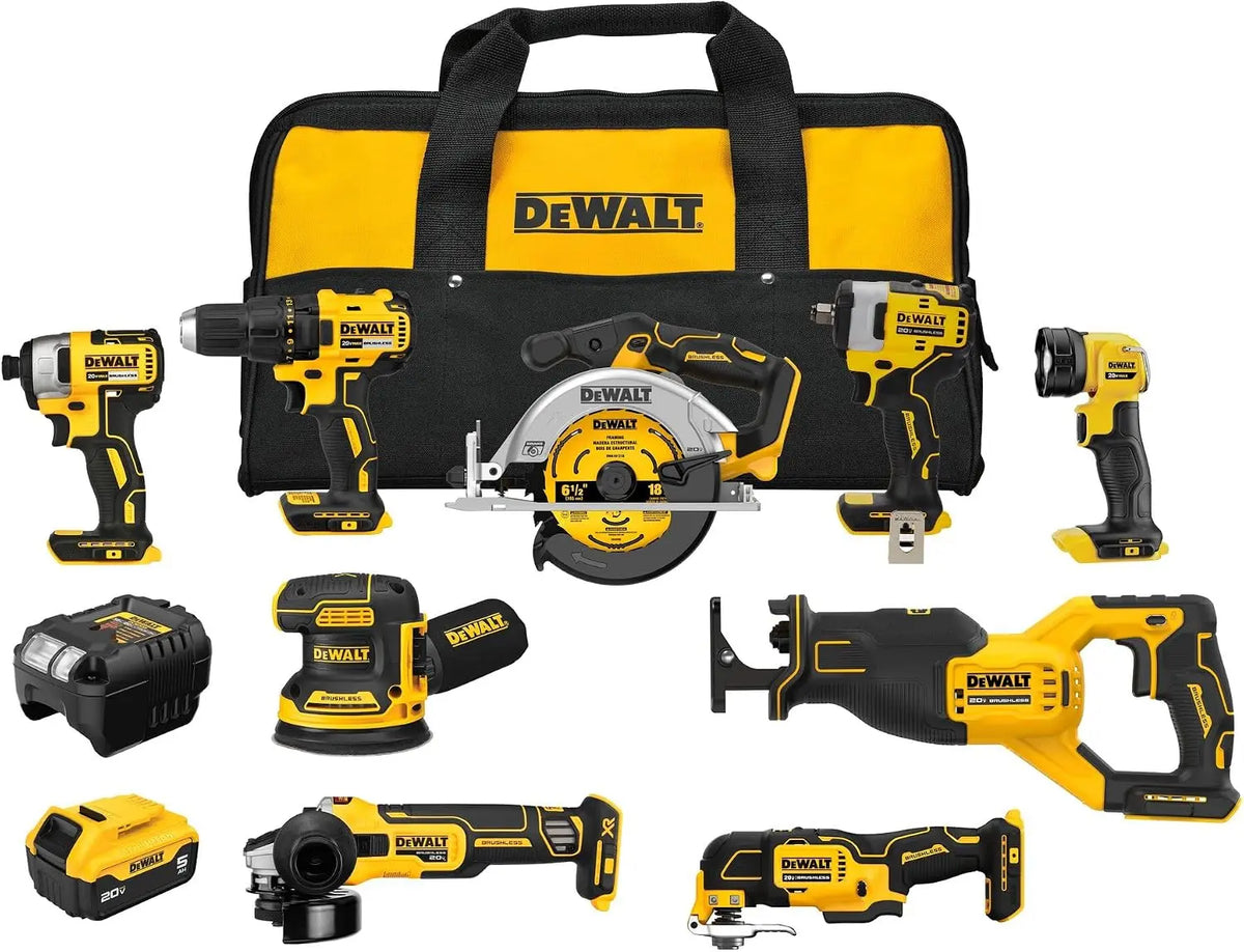 DEWALT 20V Max 5Ah - Brushless 9 Power Tools with Battery, Charger, Drill, Impact Driver, Reciprocating Saw, Circular Saw, Oscillating Tool, Grinder