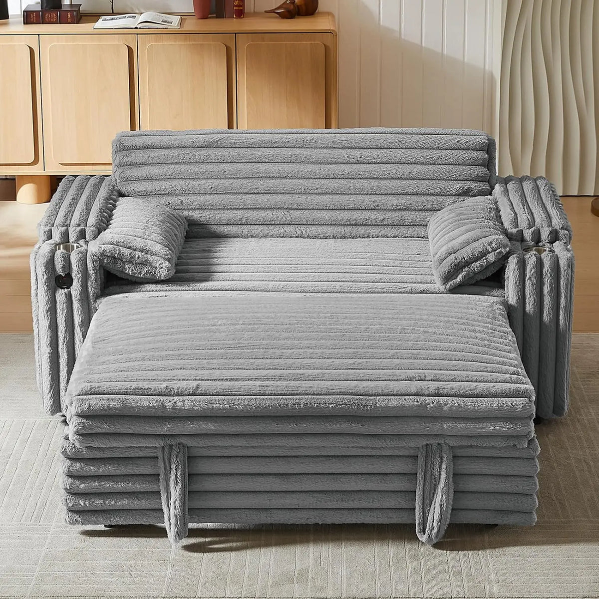 hansones 68.11 Inch Corduroy Sleeper Chair Bed with USB Port - Cup Holders & Side Storage Pockets, 3-in-1 Foldable Sofa Bed for Guest Room, Gray