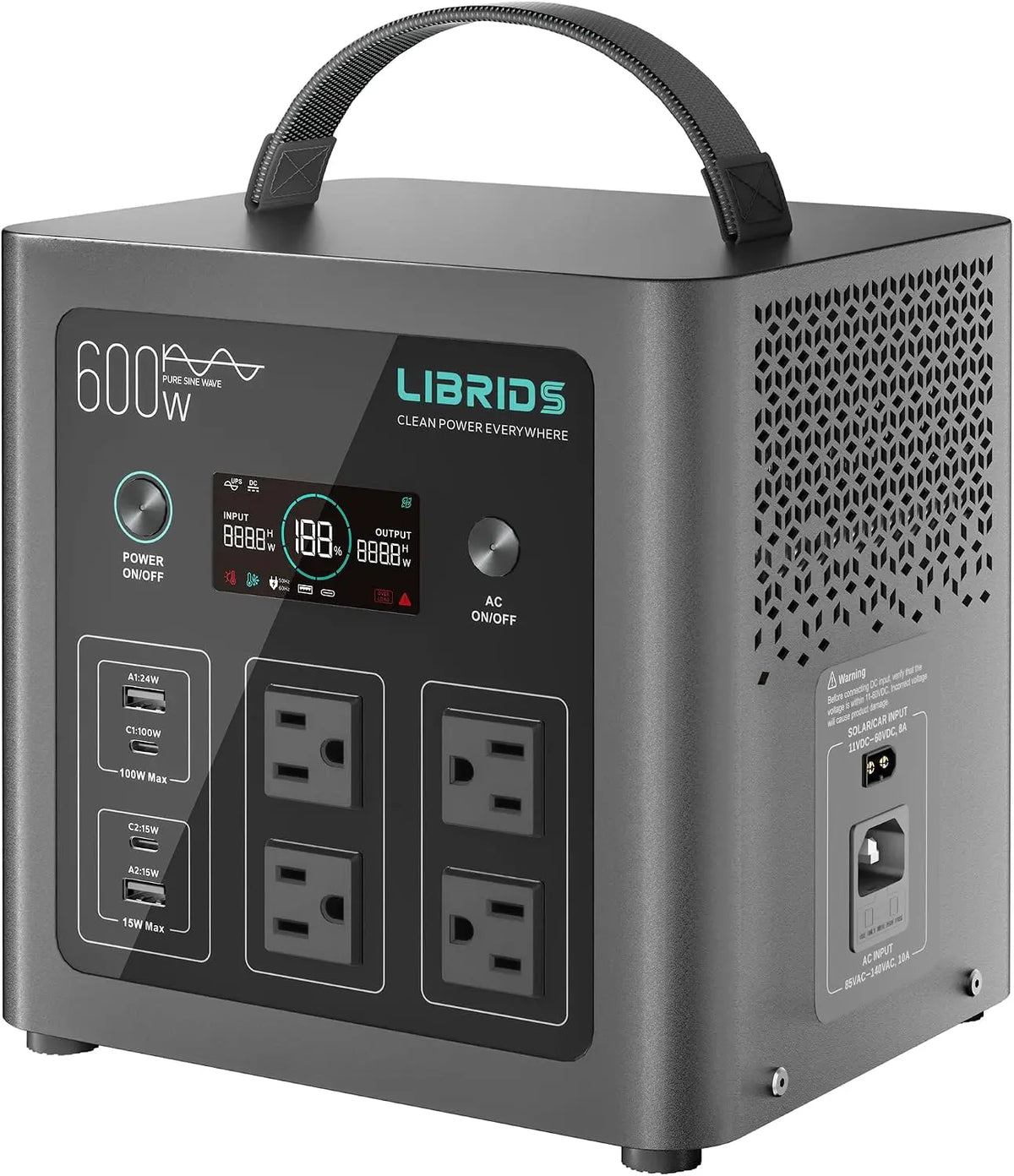 LIBRIDS Portable Power Station 640Wh - 1200W Surge, Solar Generator 4 AC