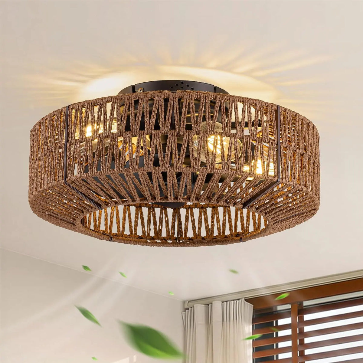 Boho Woven Rattan Fandelier Ceiling Fans - With Lights and Remote Control