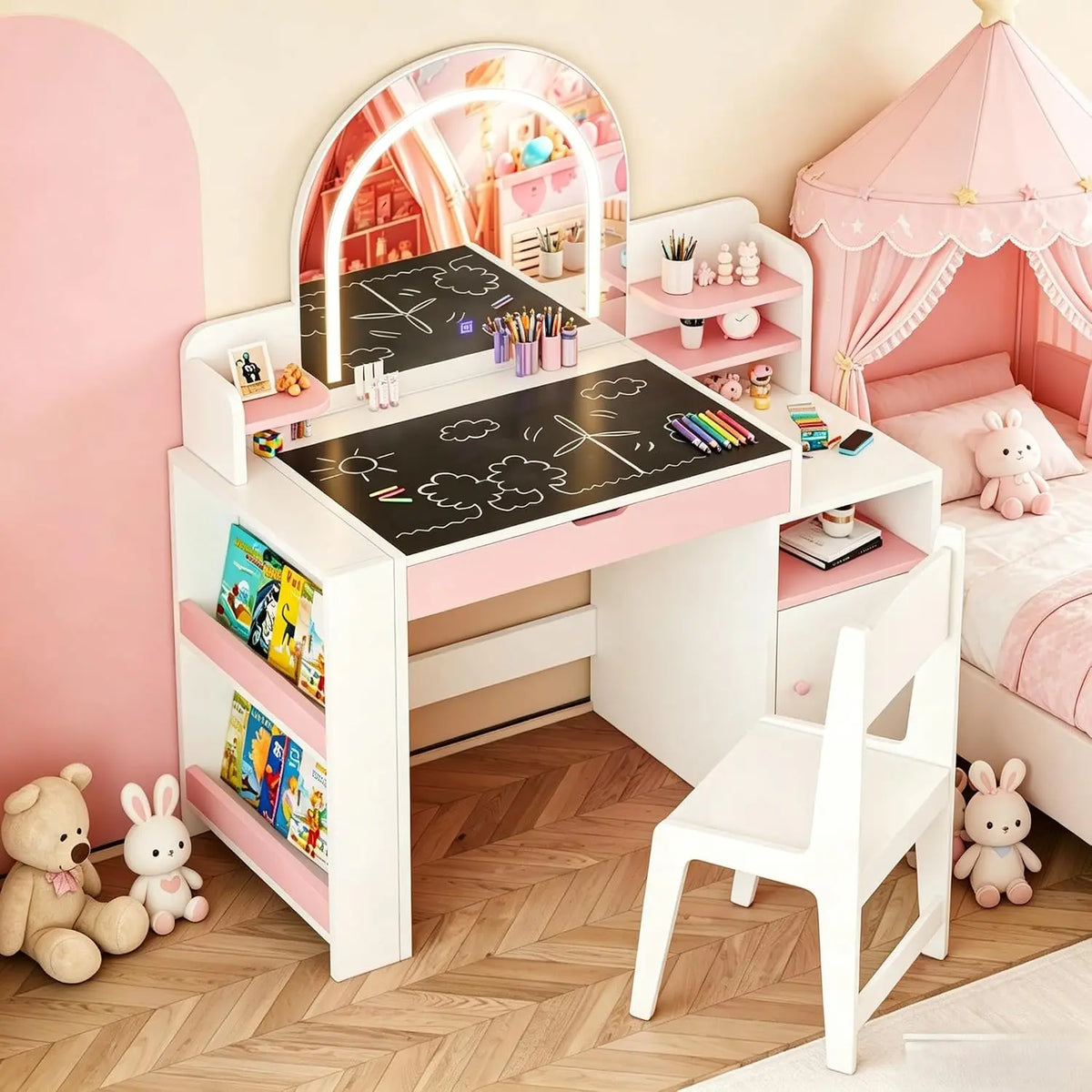 3 in 1 Kids Vanity Set with Lighted Mirror Chalkboard and Bookshelf - Toddler Makeup Desk Table and Chair Set with Stool, White