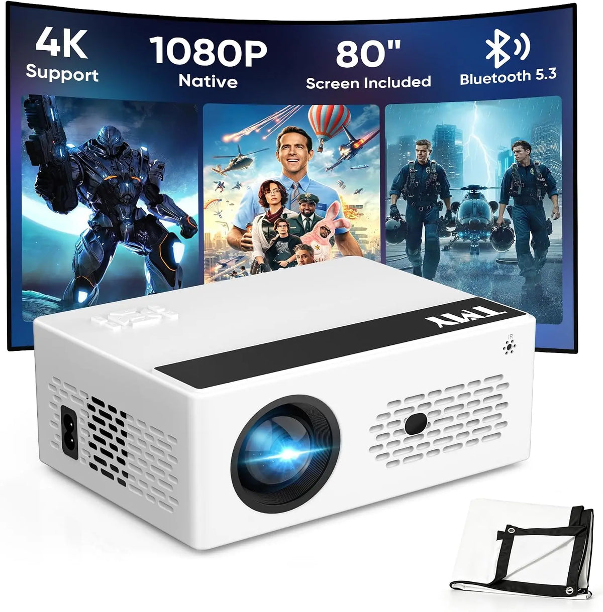 TMY Native 1080P Mini Portable Projector - 2-way Bluetooth, with 80in Screen