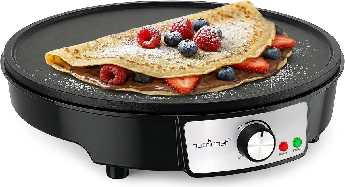 Nutrichef Electric Crepe Maker & Griddle Cooktop - Nonstick 12 Inch Aluminum Hot Plate with LED Indicator Lights & Adjustable Temperature Control
