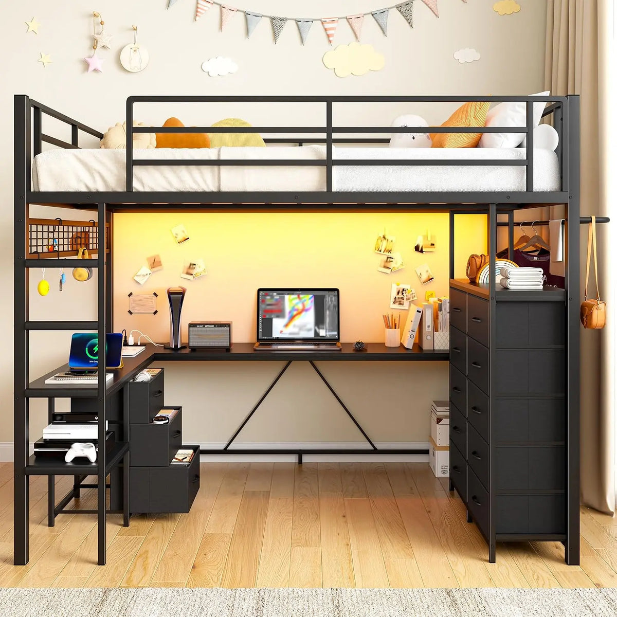 Homkdom Full Size Loft Bed with Desk and Spacious Storage - LED Lights, Black