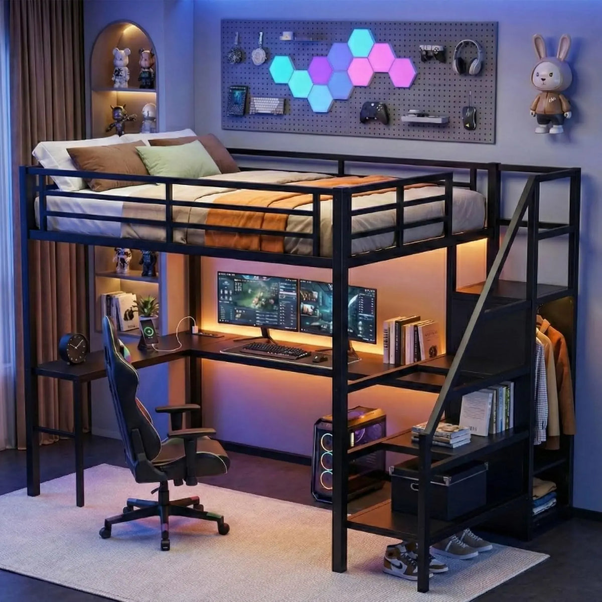 Full Size Loft Bed with L Shaped Desk - Wardrobe & Charging Station