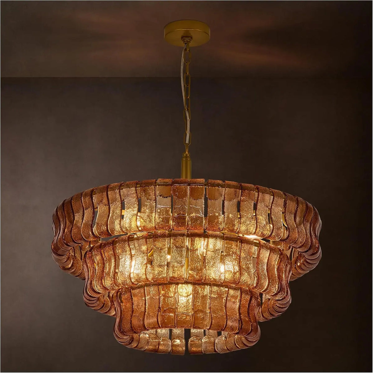 26 Inch Modern Round Amber Crystal Glass Chandelier - 3-Tier 7 Lights Gold Luxury Hanging Light Fixture, for Dining Room, Kitchen Island, Living Room
