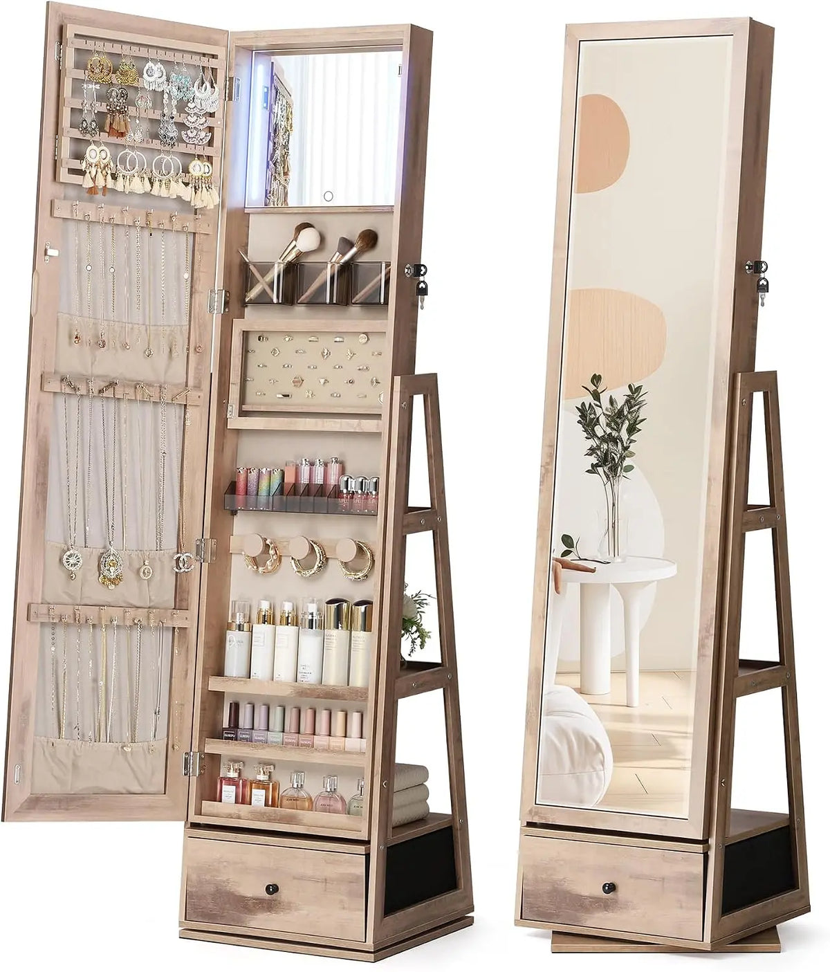 Nicetree 360° Swivel Jewelry Cabinet with Lights - Full Length Mirror, Oak