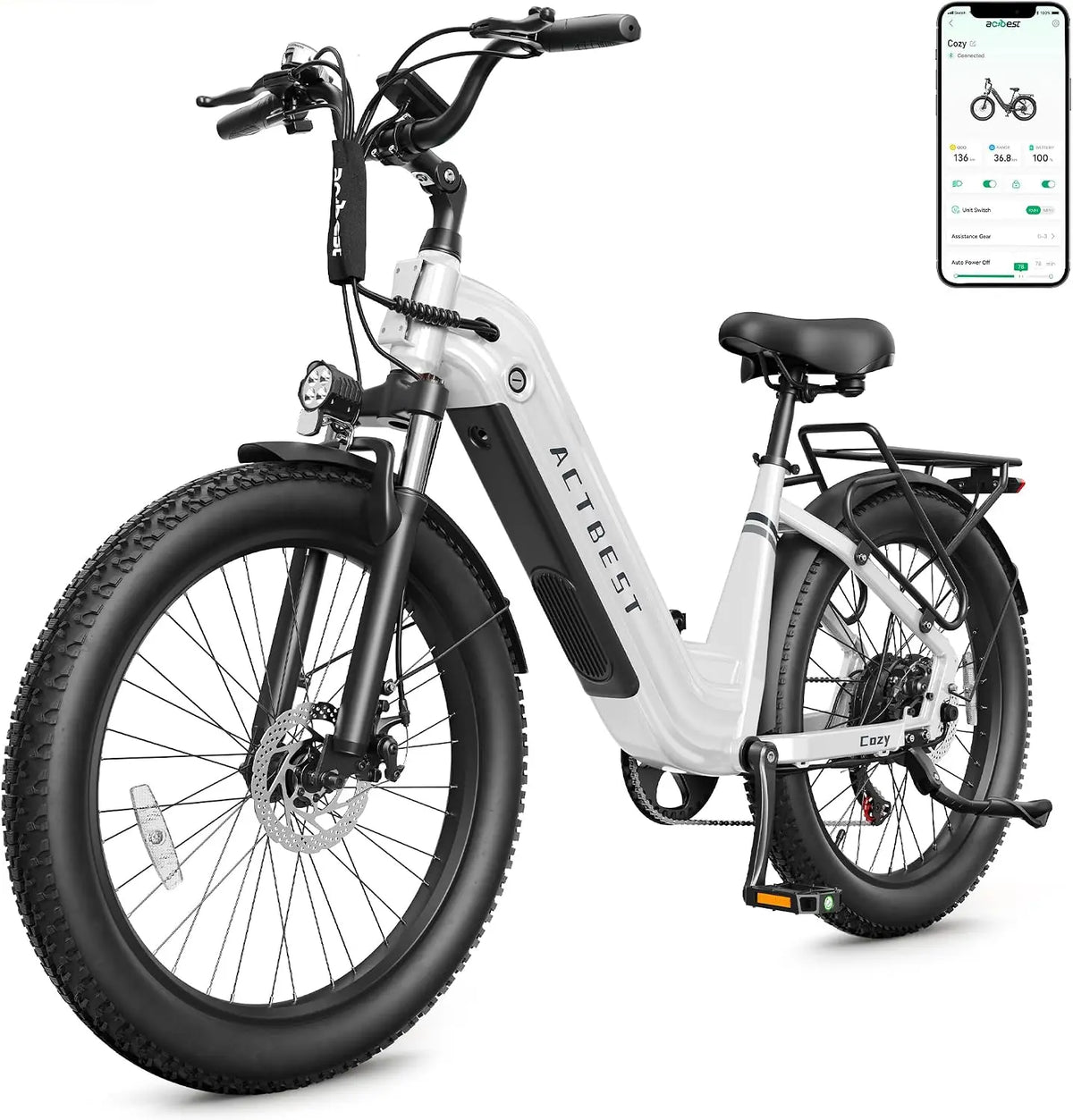 ACTBEST Cozy Electric Bike for Adults - 1800W Peak Motor, 24 Inch Fat Tire Ebike with Removable 48V 15.6Ah 748.8Wh Built-in Battery 75 Miles Max Rang