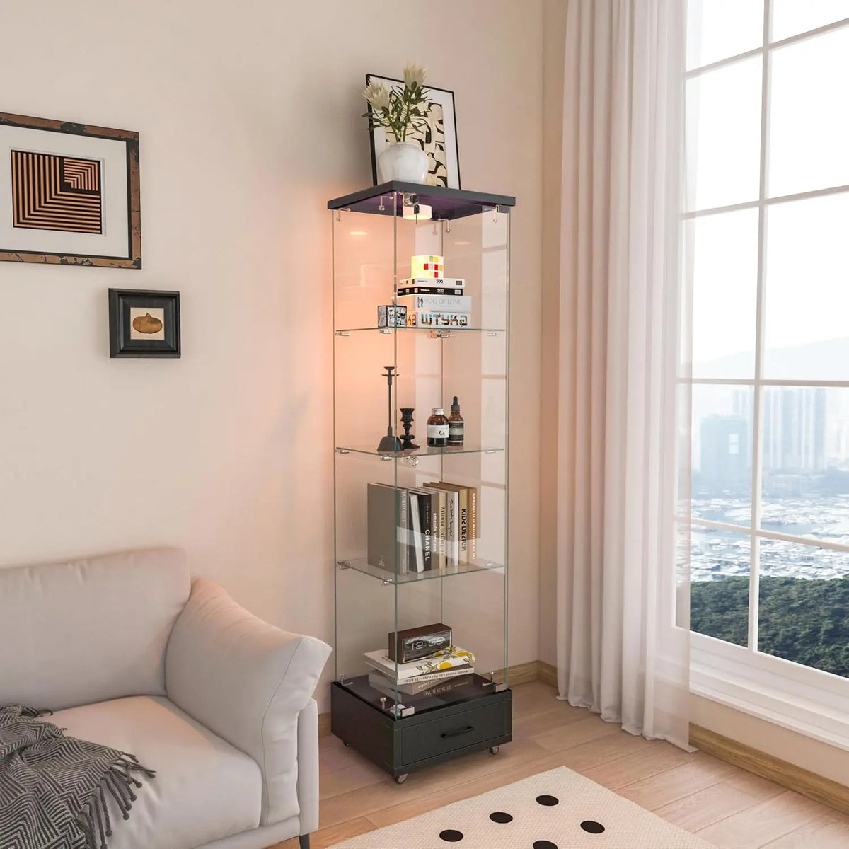 4-Tier Glass Display Cabinet with LED Lighting and Drawer - 1-Door Floor Standing Curio Cabinet with Wheel for Home, Office, Corner Display