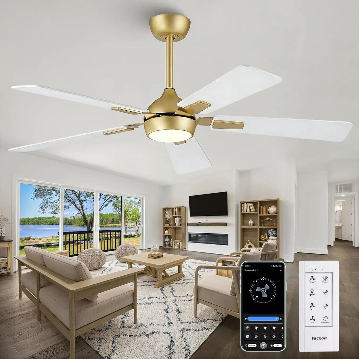 52 Inch White and Gold Ceiling Fan with Light - Remote, Reversible Blades