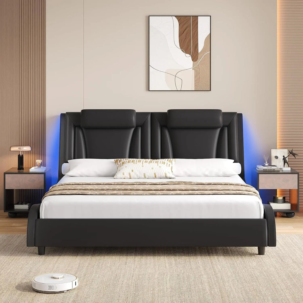 Keyluv Queen LED Upholstered Bed Frame with Adjustable Headboard - Black