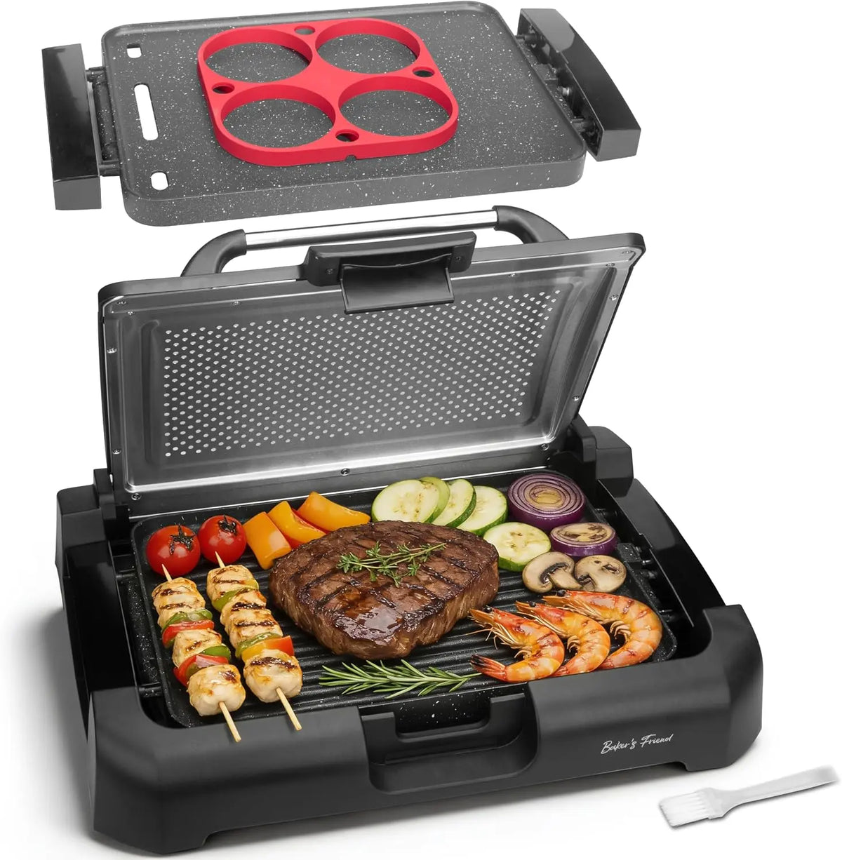 Baker's Friend Indoor Searing Grill & Griddle - Electric Griddle with 2 in 1 Indoor Grill and Griddle Plate Indoor Grill with Removable Plate & Lid