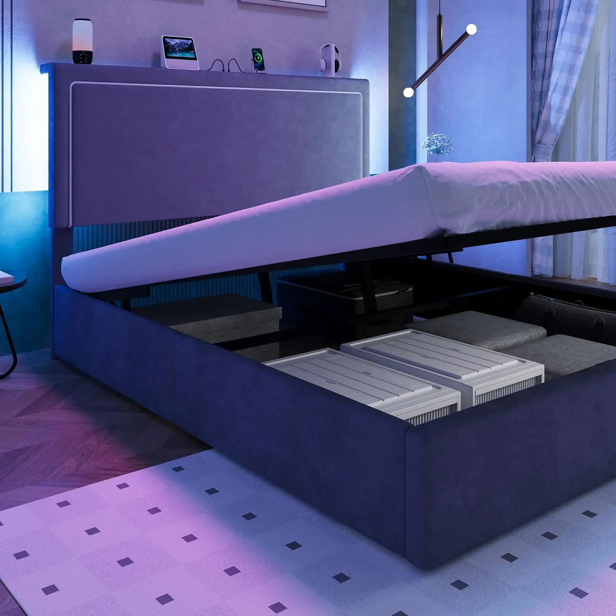 Allewie Full Lift Up Storage Bed Frame with Charging Station - Gray