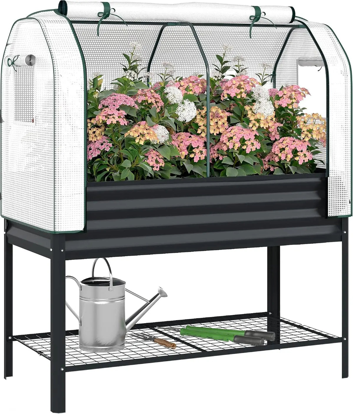 Outsunny Galvanised Raised Garden Bed with Greenhouse Cover - Black