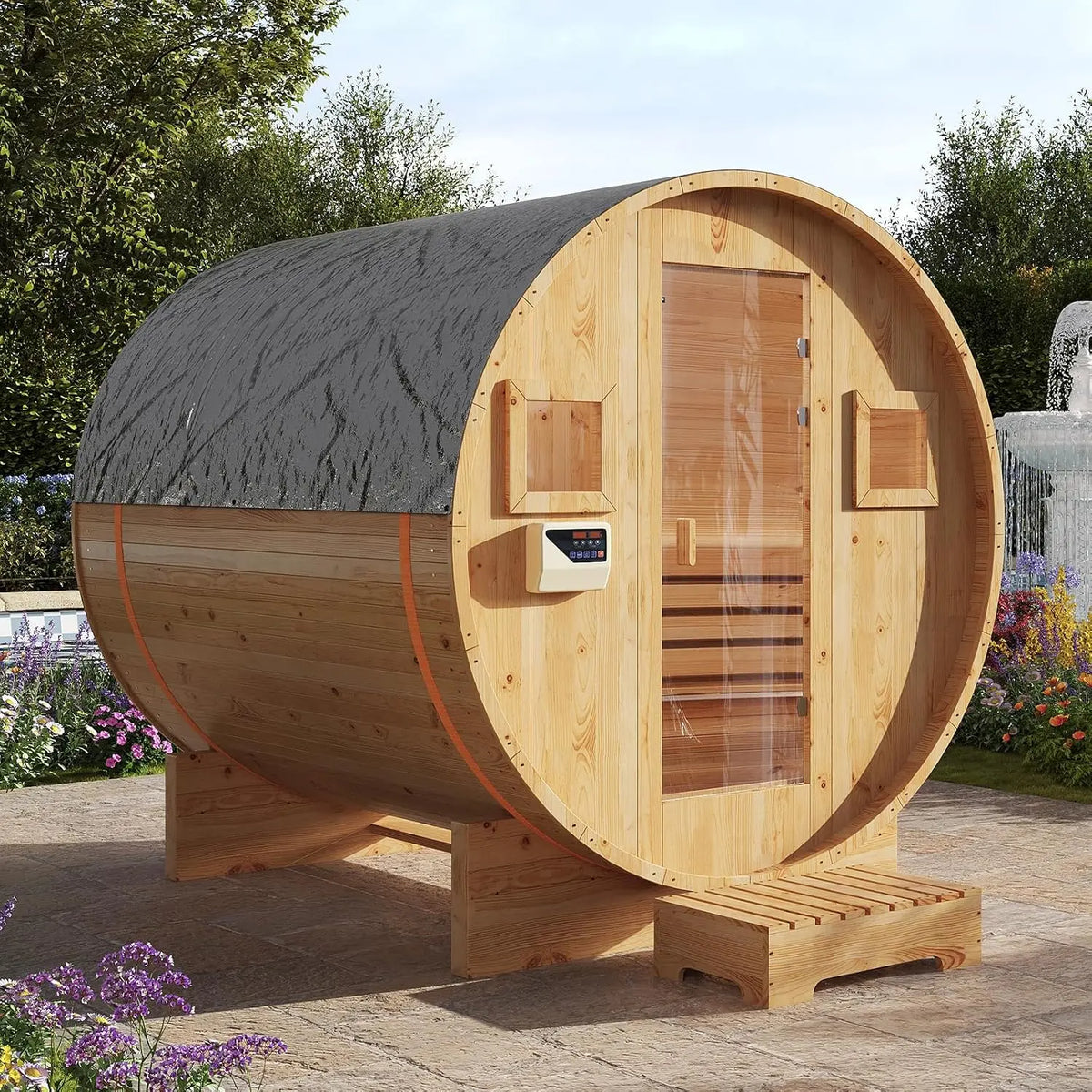 Aoxun Outdoor Barrel Sauna - 4-6 Person Traditional Solid Wood Sauna, Dry&Steam Sauna with Sauna Stove, 220V/6KW Electric Heater, Sauna Stone