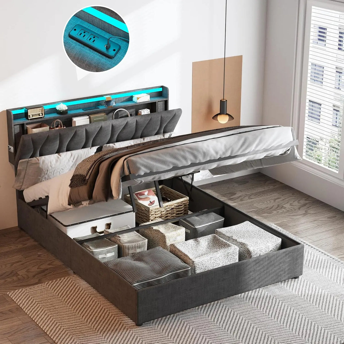 Fameill Full Size Lift Up Storage Bed Frame - Height Adjustable Storage Headboard with Charging Station, LED Lights Upholstered Platform Bed