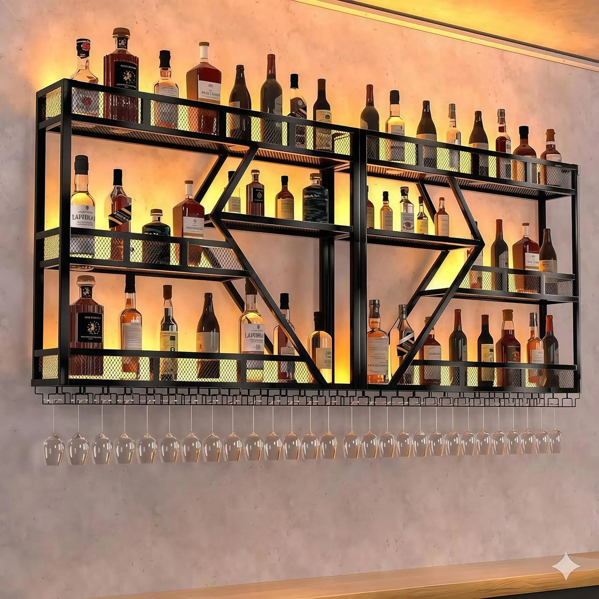 79 Inch Wine Rack Wall Mounted with 24-Color LED Lights - Floating Bar Shelves