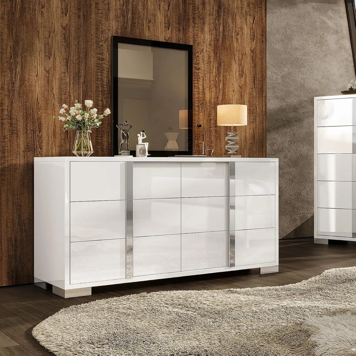 AMERLIFE 6 Drawer Dresser - Modern Storage Chest, High Gloss Finish, White