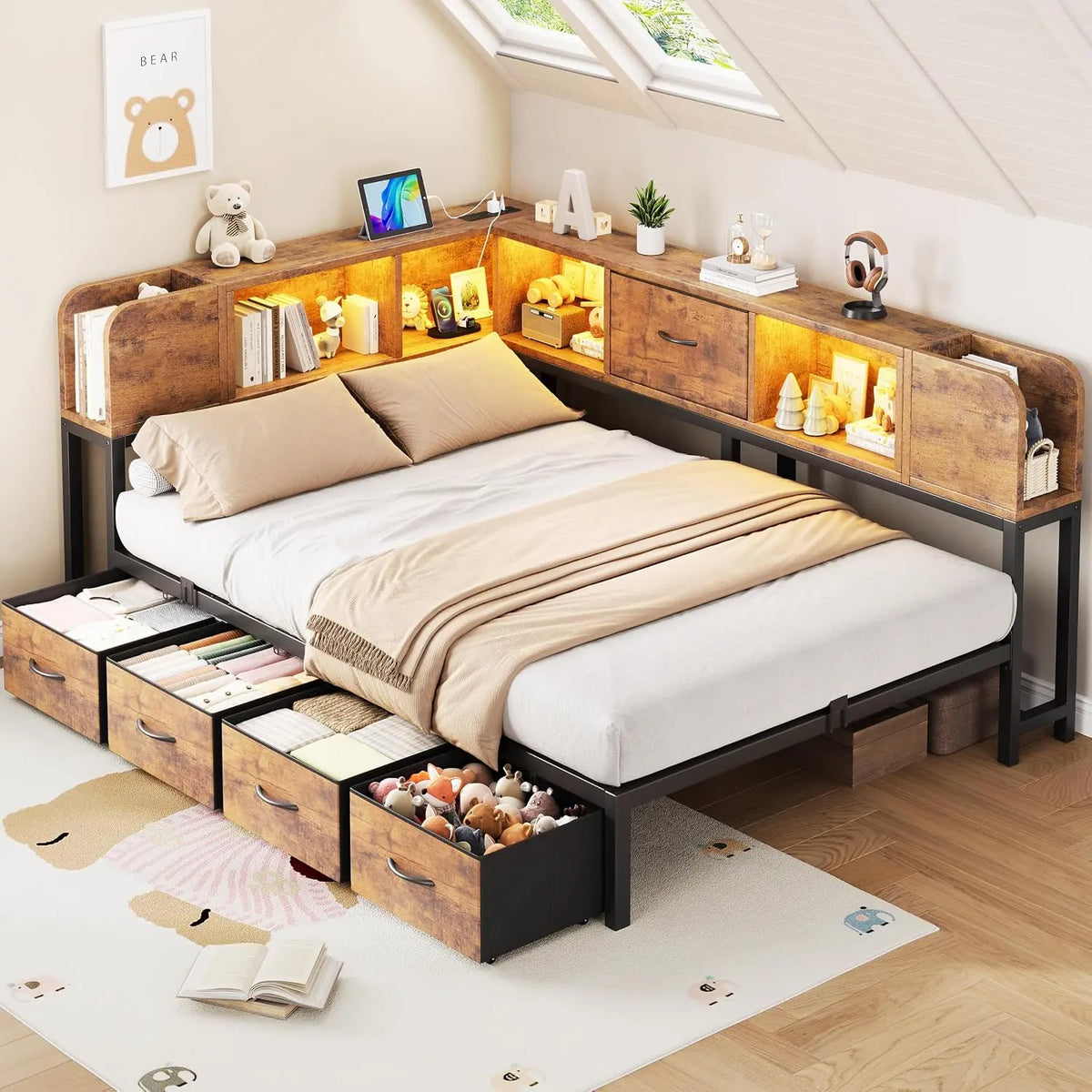 Twin Bed Frames with 5 Storage Drawers and Bookcase Headboard - Bedroom, Vintage