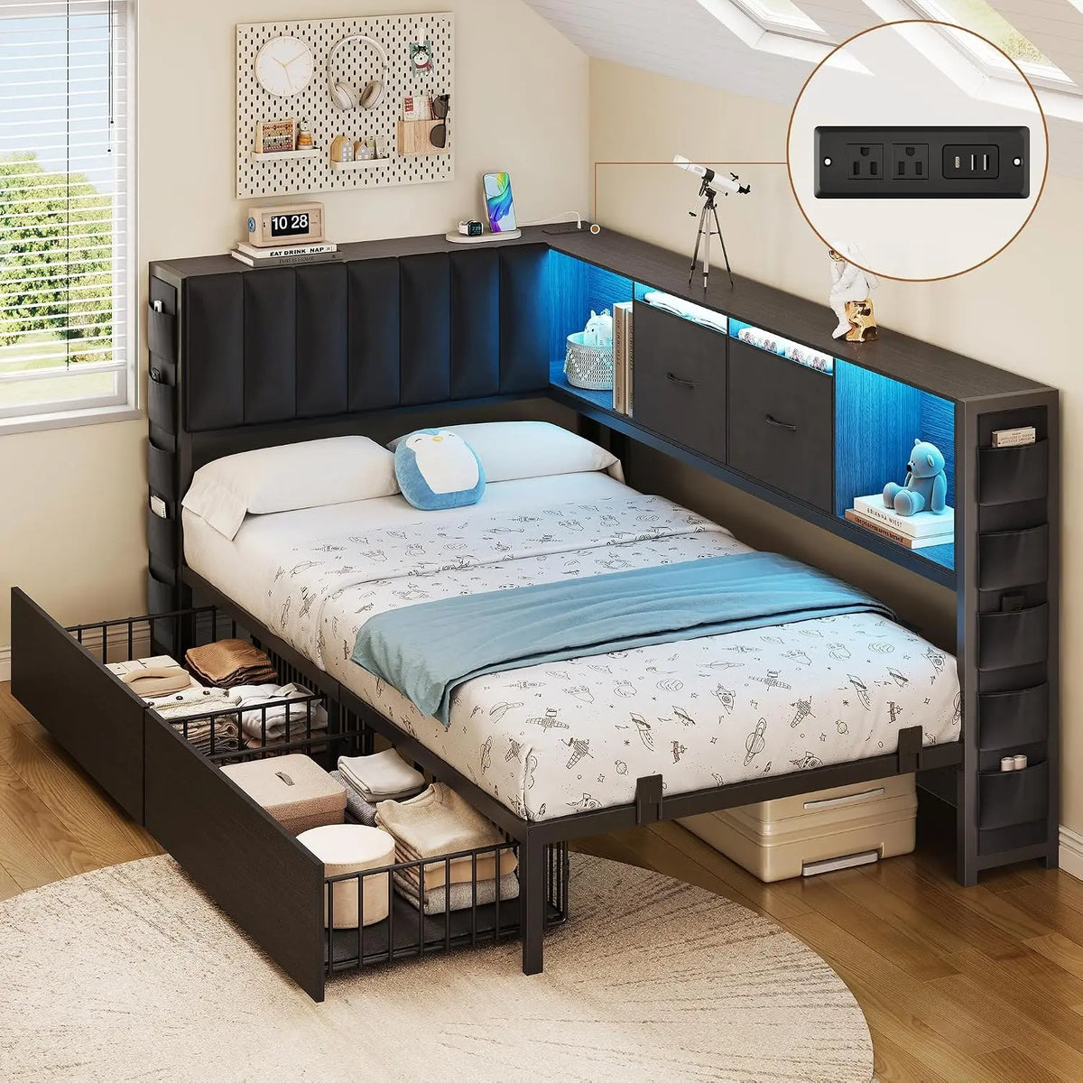MapleGrace Twin Corner Bed Frame with Upholstered Storage Headboard and Drawers - Metal Platform Bed Frame with LED Light and Charging Station, Black