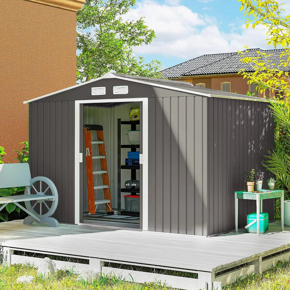Outsunny - 9' x 6' Outdoor Storage Shed Garden Tool Metal Shed Light Gray