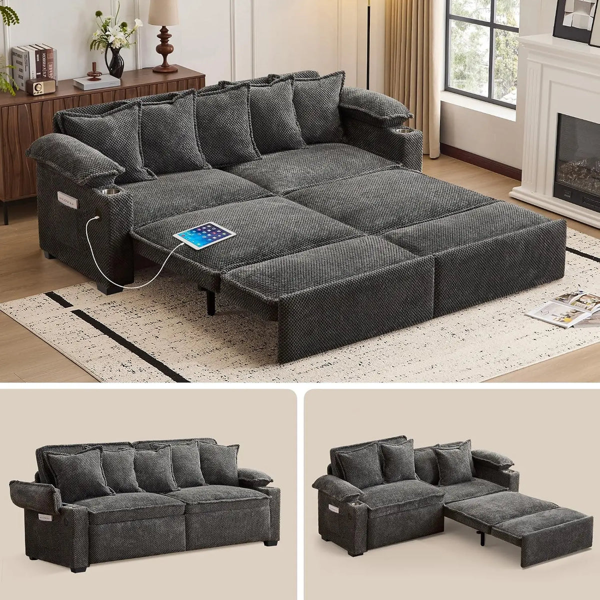 SUNWAVE 90 Inch Sleeper Sofa - 3-in-1 Pull Out Sofa Bed Corduroy Couch Bed