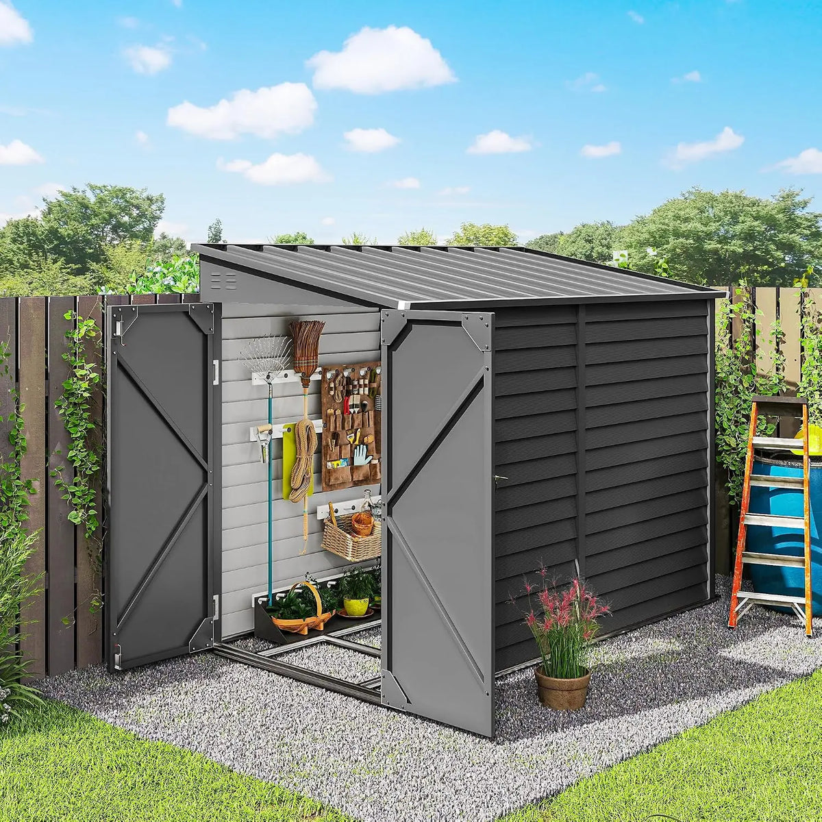 Outsunny - 4.6' x 9' Steel Outdoor Storage Shed Waterproof Lean-to Dark Gray