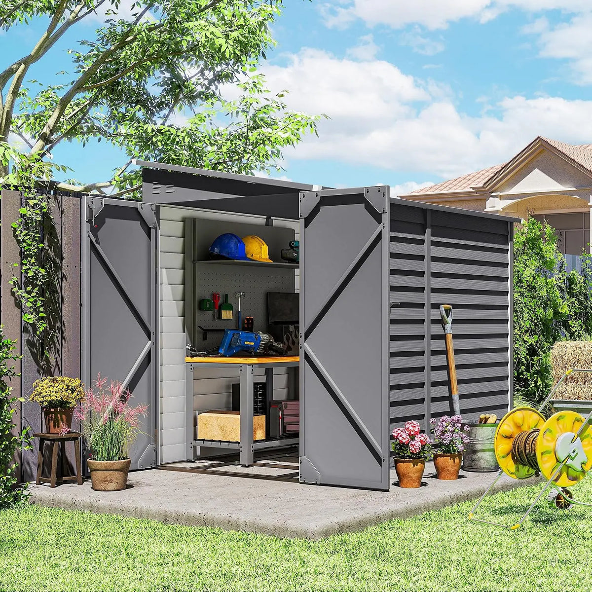 Outsunny - 4.7' x 9' Steel Outdoor Storage Shed Waterproof Lean-to Gray