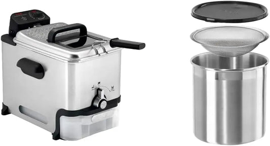 T-fal Deep Fryer with Basket - Easy to Clean, Oil Filtration, 2.6-Pound, Silver, Model FR8000 & OGGI Cooking Grease Container, 4 Quart