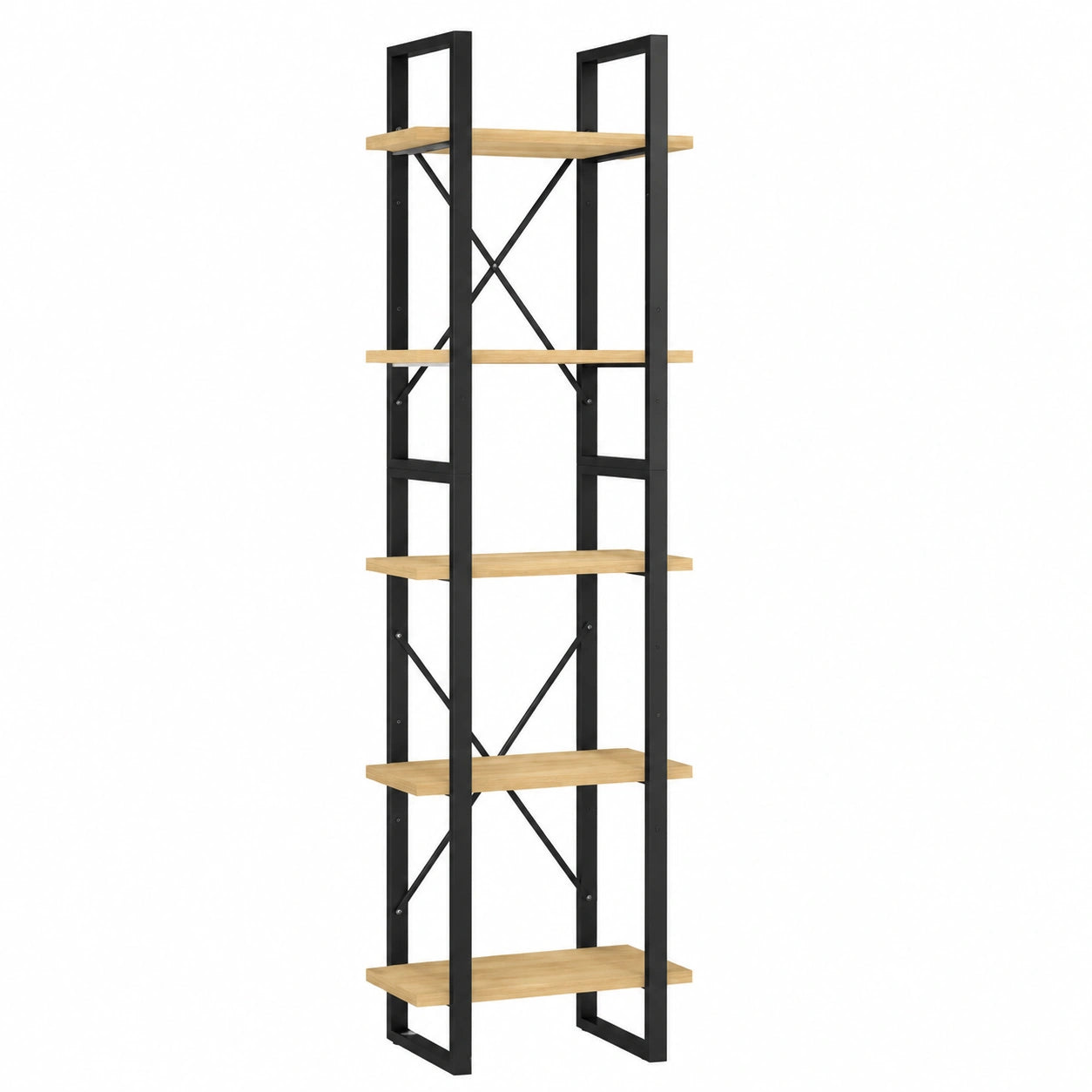 Scaffale in legno di pino massello con struttura metallica, 5 ripiani, design industriale, per soggiorno e ufficio, 40x30x175 cm, naturale