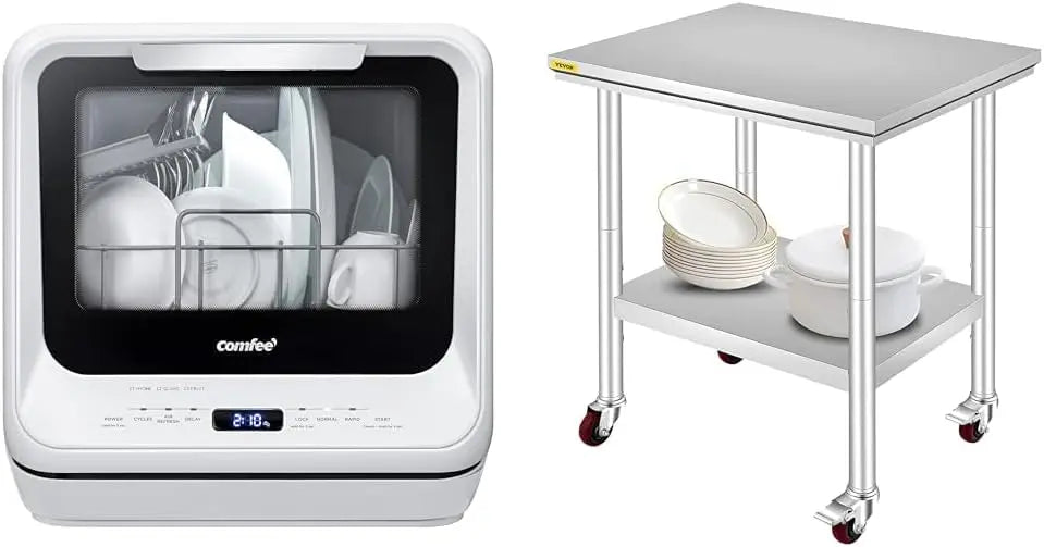 COMFEE' Portable Dishwasher Countertop - 5L Built-in Water Tank & Mophorn Stainless Steel Work Table with Wheels 24 x 30 x 32 Inch Prep Table