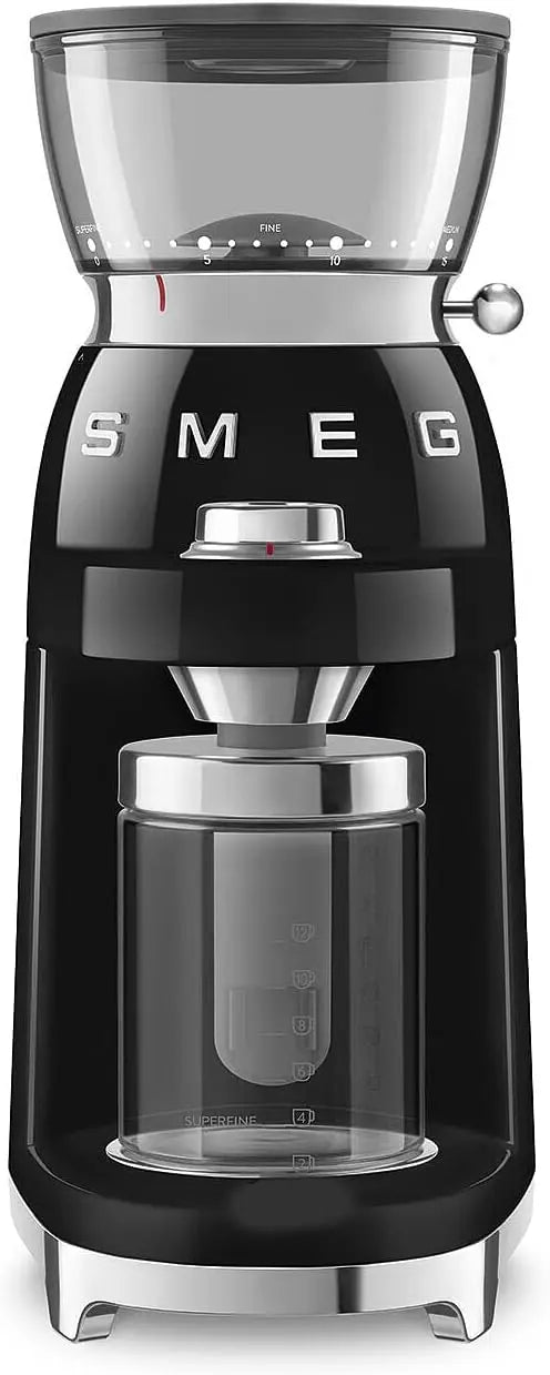 SMEG CGF03 Burr Coffee Grinder - Electric Conical Burr Grinder with 15 Grind Settings, 8 Presets, 240g Bean Hopper, Espresso, 50's Retro Style, Black