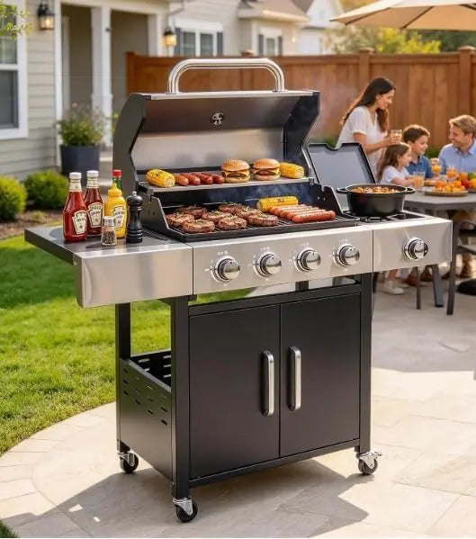 Aoxun 4-Burner Propane Gas Grill - 49000 BTU Outdoor Grill with Side Burner, Heavy Duty Stainless Steel Cooking Grates & Side Tables for Patio, Black