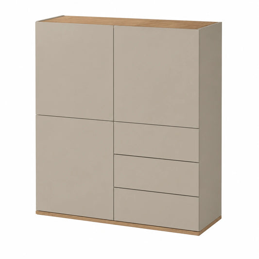 Credenza Moderna con 3 Ante e 3 Cassetti in Legno, Finitura Tortora e Rovere, 102x35x110 cm
