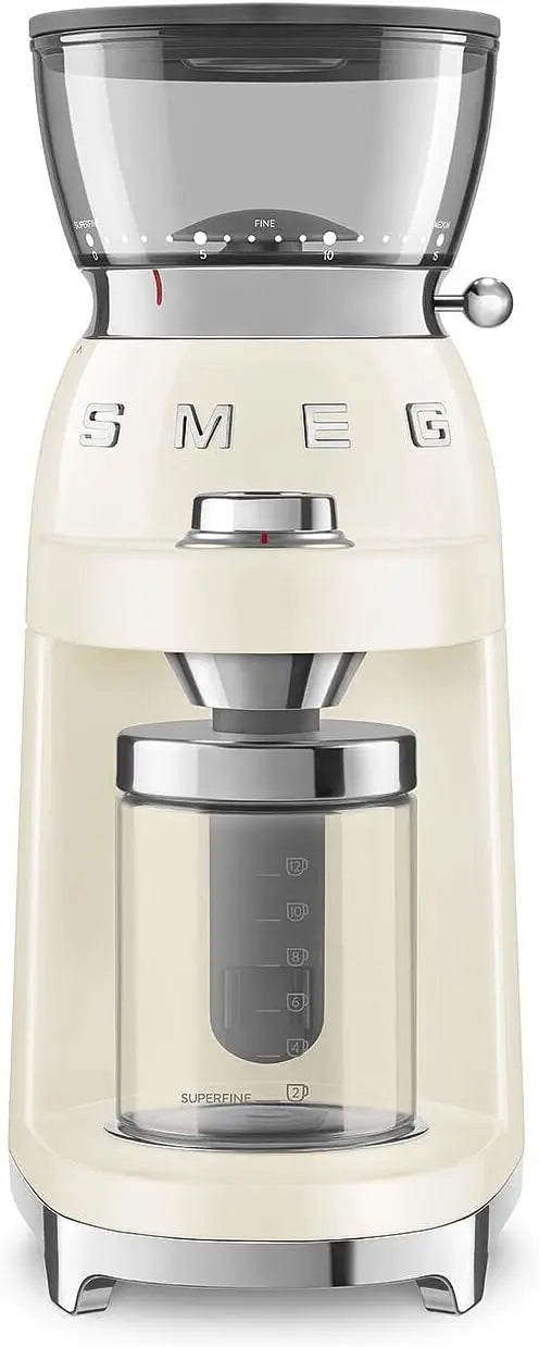 SMEG CGF03 Burr Coffee Grinder - Electric Conical Burr Grinder with 15 Grind Settings, 8 Presets, 240g Bean Hopper, Espresso, 50's Retro Style, Cream